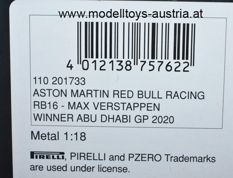Red Bull Racing RB16 Aston Martin Honda 2020 Max Verstappen Sieger Abu Dhabi GP 1:18 Minichamps