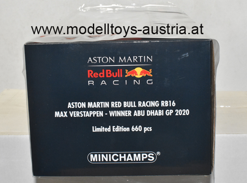 Red Bull Racing RB16 Aston Martin Honda 2020 Max Verstappen Sieger Abu Dhabi GP 1:18 Minichamps