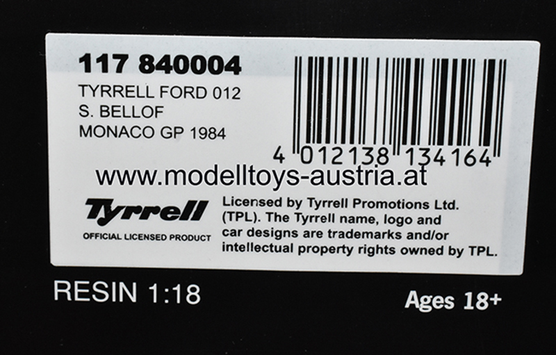Tyrrell 012 Ford 1984 Stefan BELLOF Monaco GP 1984 1:18