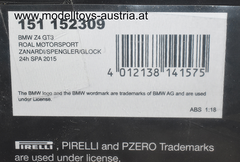 BMW Z4 E89 GT3 2015 Spa ZANARDI / SPENGLER / GLOCK Team ROAL MOTORSPORT Michel VAILLANT VROOAAW 1:18