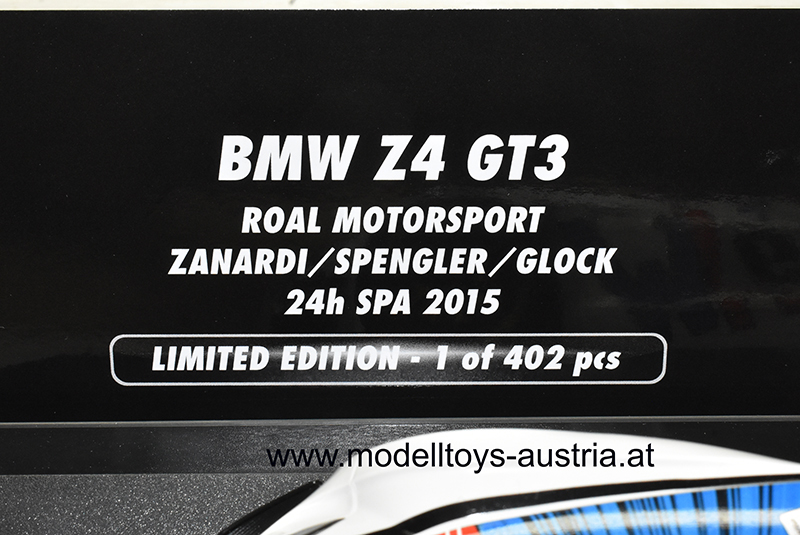 BMW Z4 E89 GT3 2015 Spa ZANARDI / SPENGLER / GLOCK Team ROAL MOTORSPORT Michel VAILLANT VROOAAW 1:18
