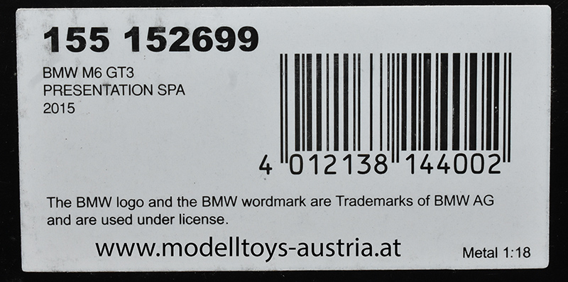 BMW M6 GT3 2015 SPA PRESENTATION 1:18