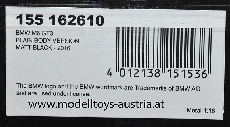 BMW M6 GT3 2016 Plain Body Version matt schwarz 1:18
