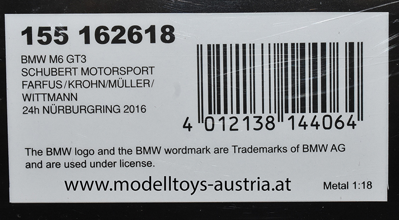 BMW M6 GT3 2016 Nürburgring 24 Stunden Rennen FARFUS / KROHN / MUELLER / WITTMANN 1:18