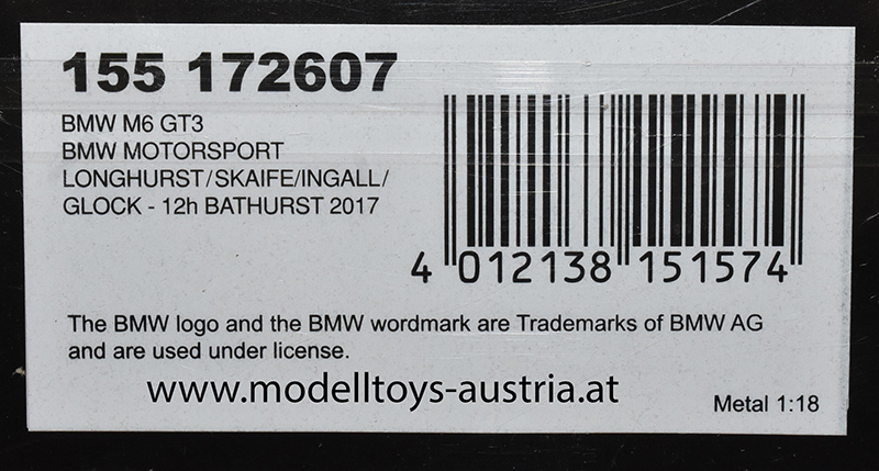 BMW M6 GT3 2017 Buthurst LONGHURST / SKAIFE / INGALL / GLOCK 1:18