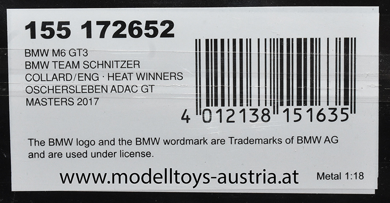 BMW M6 GT3 2017 Sieger Oschersleben ADAC GT Masters Philipp ENG / COLLARD 1:18