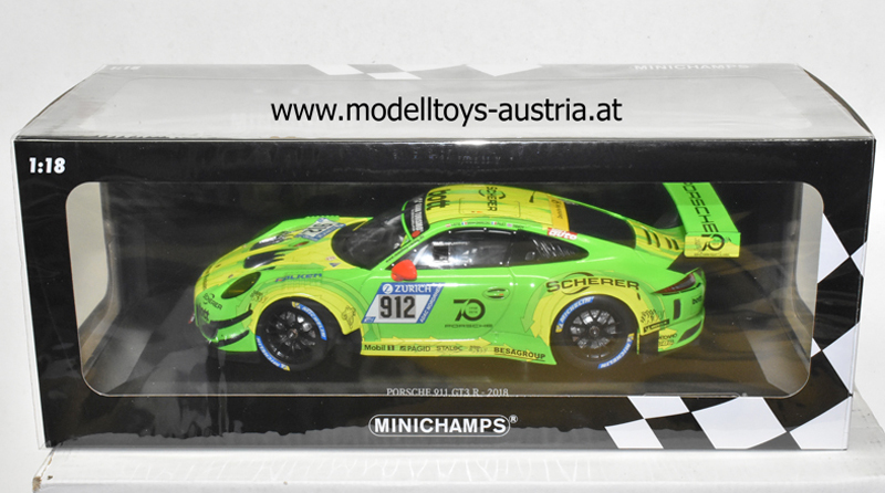 Porsche 911 991 Coupe GT3 R 2018 Sieger Nürburgring Lietz / Pilet / Makowiecki / Tandy GRELLO #912 Manthey Racing 1:18 Minichamp