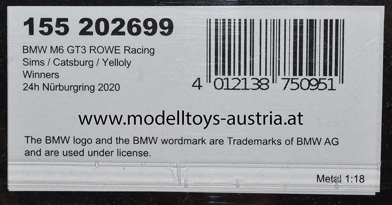 BMW M6 GT3 2020 Nürburgring 24 Stunden Rennen Sieger SIMS / CATSBURG / YELLOLY Team ROWE Racing 1:18