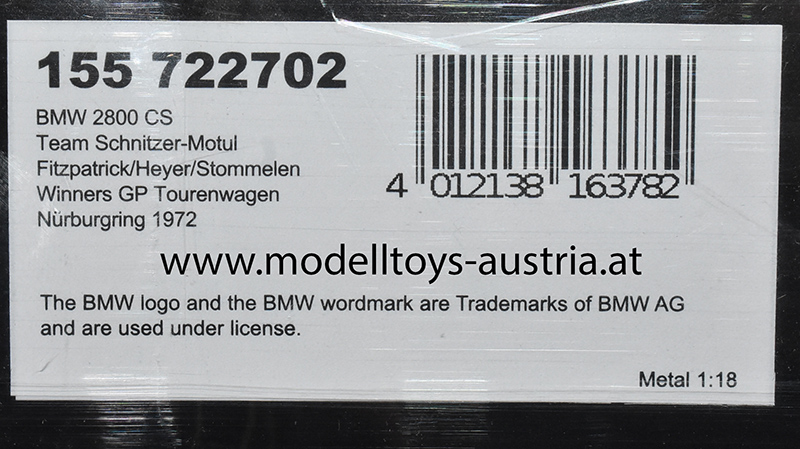 BMW 2800 CS 1972 Nürburgring FITZPATRICK / HEYER / STOMMELEN Team Schnitzer Motul 1:18