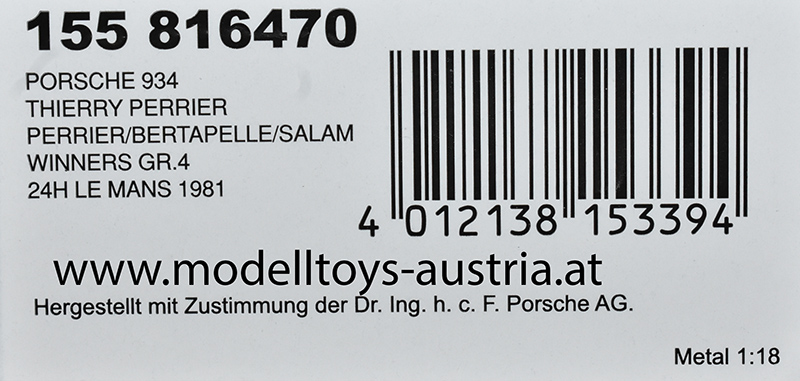Porsche 911 934 1981 Le Mans Sieger Gruppe 4 PERRIER / BERTAPELLE / SALAM 1:18