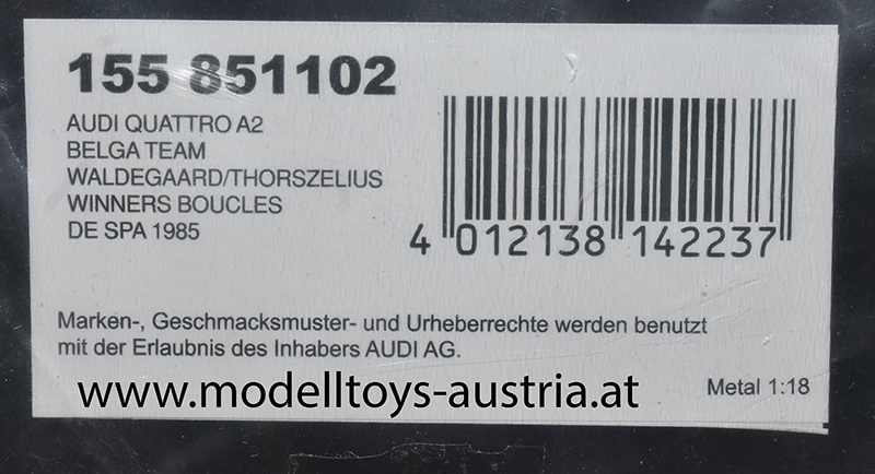 Audi Quattro Coupe 1985 Sieger SPA Björn WALDEGARD / Hans THORSZELIUS 1:18
