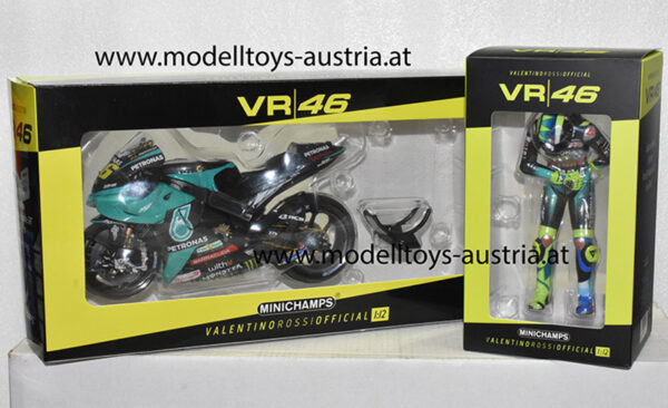 Yamaha YZR-M1 2021 Moto GP Valentino ROSSI Team Petronas Yamaha SRT letztes Rennen Rossi VALENCIA 1:12 MIT FIGUR