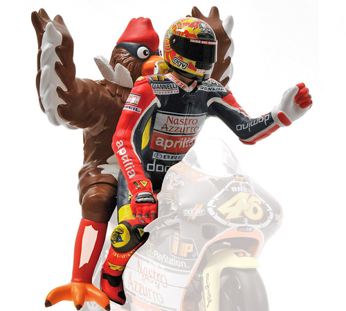 Figur Valentino ROSSI 1998 250 ccm BARCELONA und HUHN 1:12