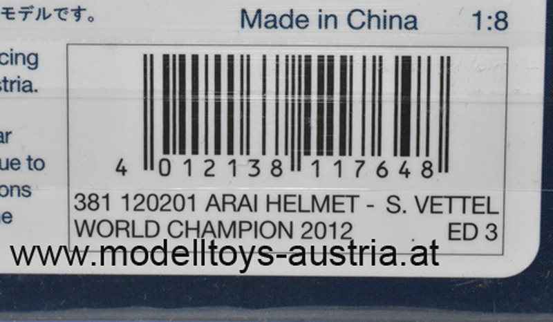 Helm ARAI 2012 Sebastian VETTEL Weltmeister Brasilien GP Sau Paulo Red Bull 1:8