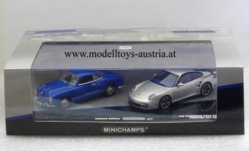 VW Karmann Ghia Coupe 1955 dunkelblau und Porsche 911 997 Coupe Turbo 2010 silber metallik 1:43