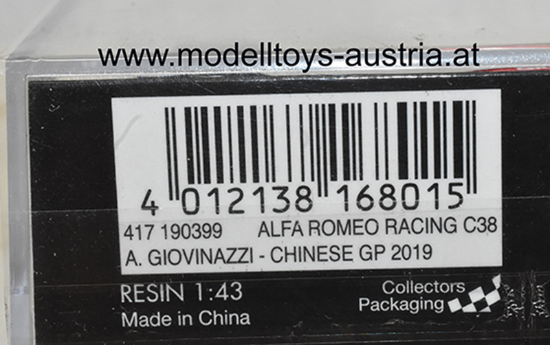 Alfa Romeo Racing C38 Ferrari 2019 Antonio GIOVINAZZI China GP Sauber Motorsport 1:43 Minichamps