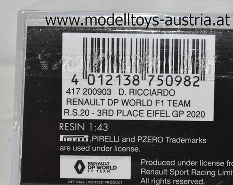 Renault DP World F1 R.S.20 2020 Daniel RICCIARDO Eifel GP 3. Platz 1:43 Minichamps