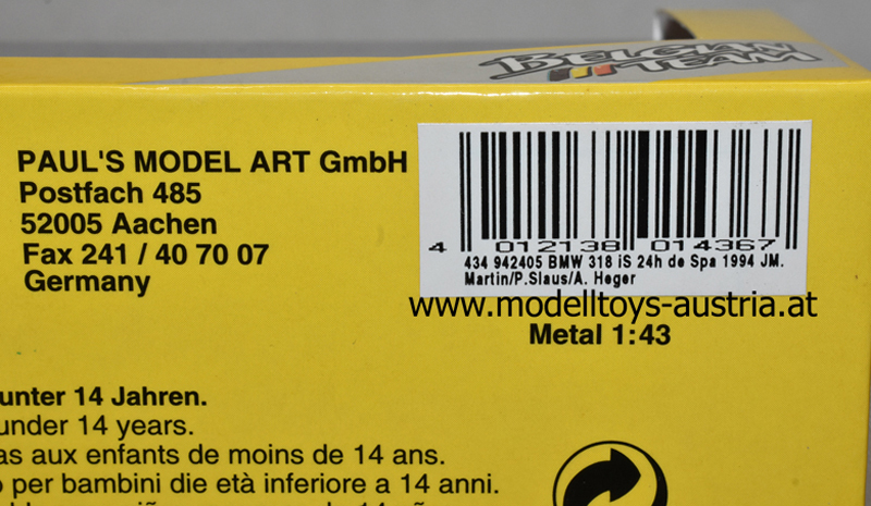 BMW E36 318 iS 1994 Spa Jean-Michel Martin / Patrick Slaus / Altfrid Heger TEAM BASTOS 1:43