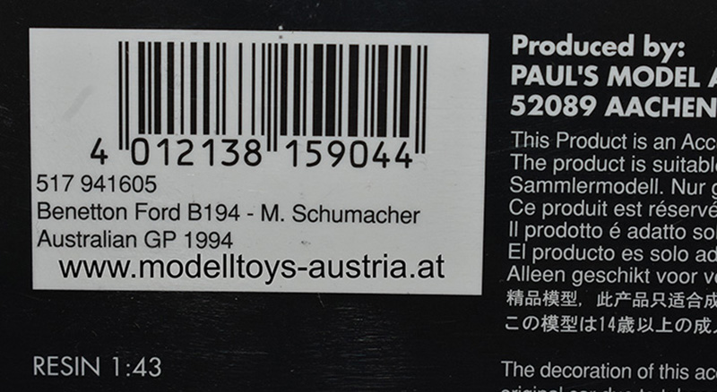 Benetton B194 Ford 1994 Michael SCHUMACHER WELTMEISTER Australien GP 1:43