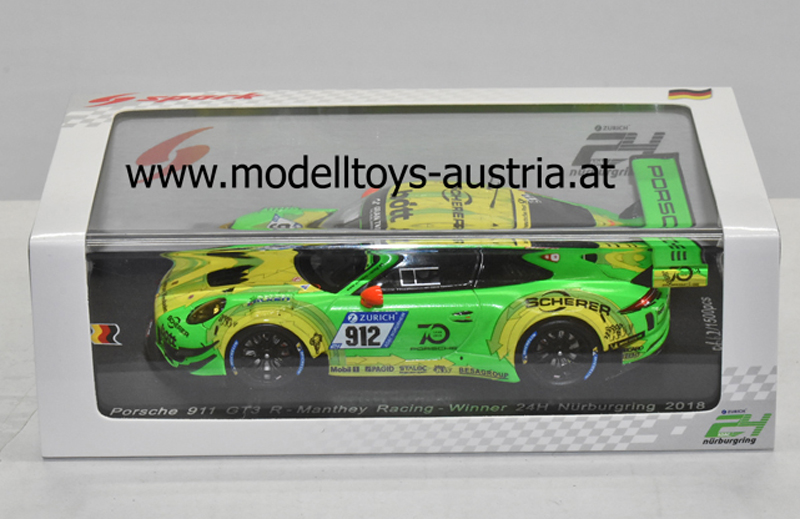 Porsche 911 991 Coupe GT3 R 2018 Sieger Nürburgring Lietz / Pilet / Makowiecki / Tandy GRELLO #912 Manthey Racing 1:43 Spark
