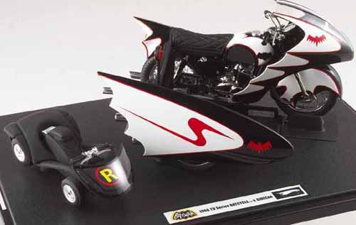 Batman Batmobil 1966 BAT MOTORAD und SEITENWAGEN schwarz 1:12