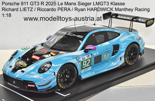 Porsche 911 GT3 R 2025 Le Mans Sieger LMGT3 Klasse Richard LIETZ / Riccardo PERA / Ryan HARDWICK Manthey Racing 1:18