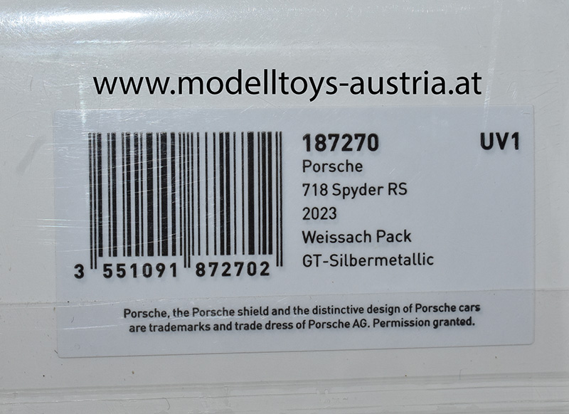 Porsche 718 Boxster 982 Spyder RS Cabrio 2023 Weissach Pack GT sibler metallik 1:18