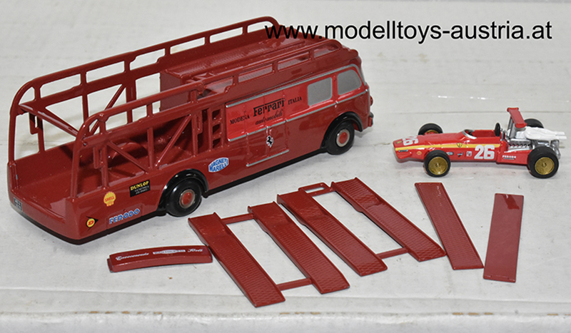 Fiat 642 Renntransporter und Ferrari 312 1968 Jacky ICKX Sieger Frankreich GP 1:90 Schuco Piccolo