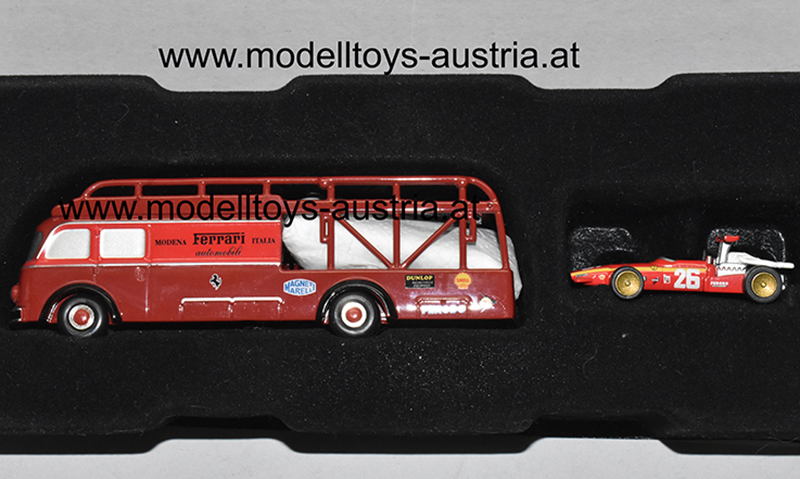 Fiat 642 Renntransporter und Ferrari 312 1968 Jacky ICKX Sieger Frankreich GP 1:90 Schuco Piccolo