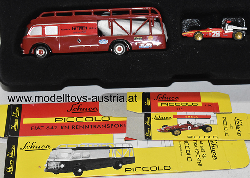 Fiat 642 Renntransporter und Ferrari 312 1968 Jacky ICKX Sieger Frankreich GP 1:90 Schuco Piccolo