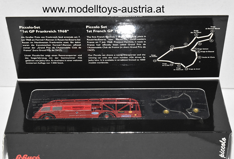 Fiat 642 Renntransporter und Ferrari 312 1968 Jacky ICKX Sieger Frankreich GP 1:90 Schuco Piccolo