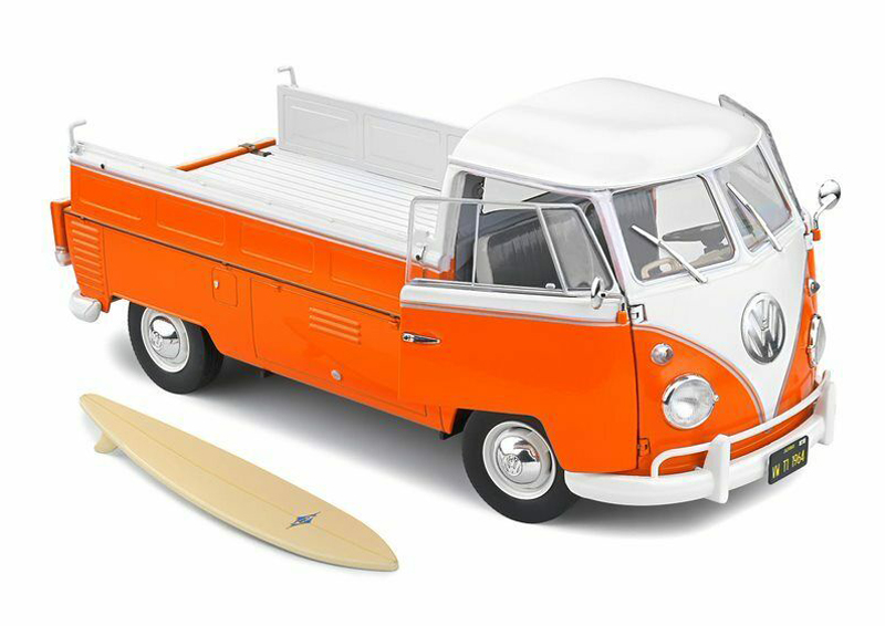VW T1 Pritschenwagen Transporter Bulli Pick up 1950 mit Surfbrett orange 1:18
