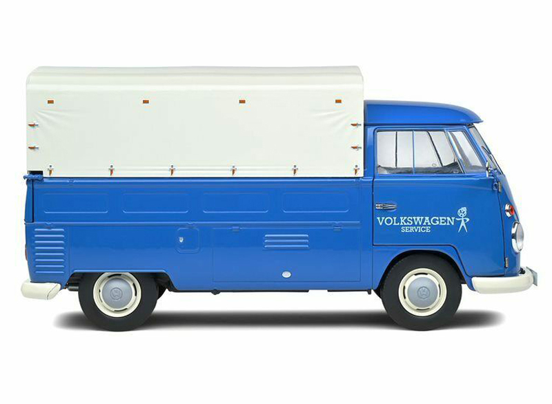 VW T1 Pritschenwagen Transporter Bulli Pick up 1950 mit Plane Volkswagen Service blau 1:18