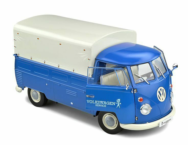 VW T1 Pritschenwagen Transporter Bulli Pick up 1950 mit Plane Volkswagen Service blau 1:18