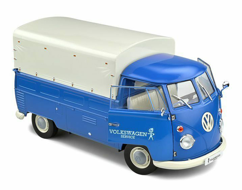 VW T1 Pritschenwagen Transporter Bulli Pick up 1950 mit Plane Volkswagen Service blau 1:18