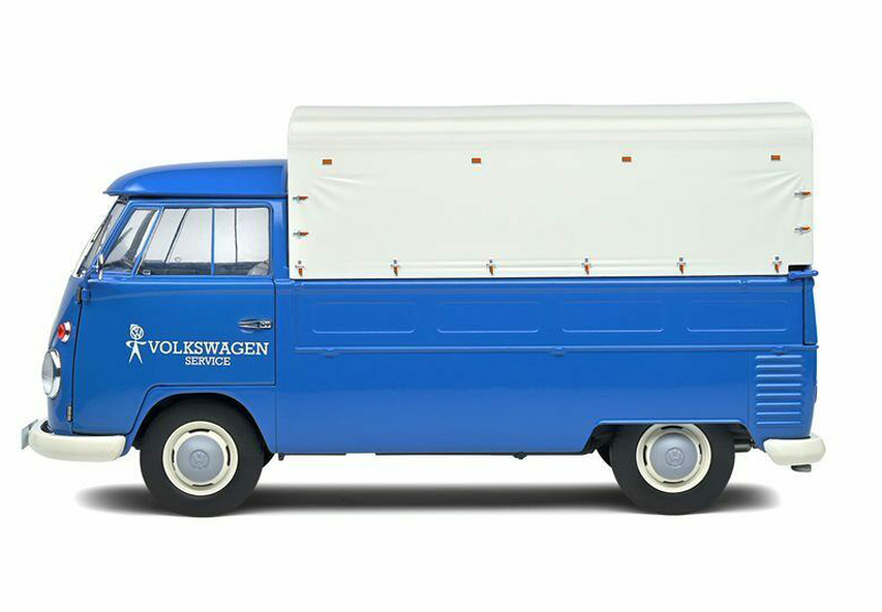 VW T1 Pritschenwagen Transporter Bulli Pick up 1950 mit Plane Volkswagen Service blau 1:18