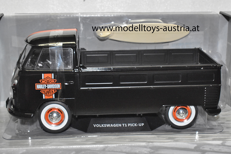 VW T1 Pritschenwagen Transporter Bulli Pick up 1950 mit Surfbrett HARLEY DAVIDSON schwarz 1:18
