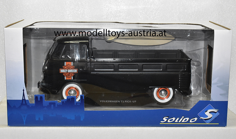 VW T1 Pritschenwagen Transporter Bulli Pick up 1950 mit Surfbrett HARLEY DAVIDSON schwarz 1:18