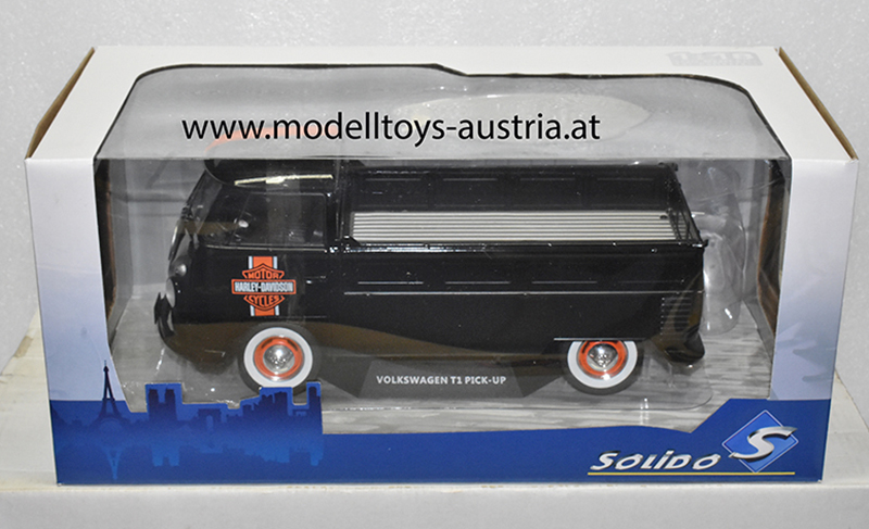 VW T1 Pritschenwagen Transporter Bulli Pick up 1950 mit Surfbrett HARLEY DAVIDSON schwarz 1:18