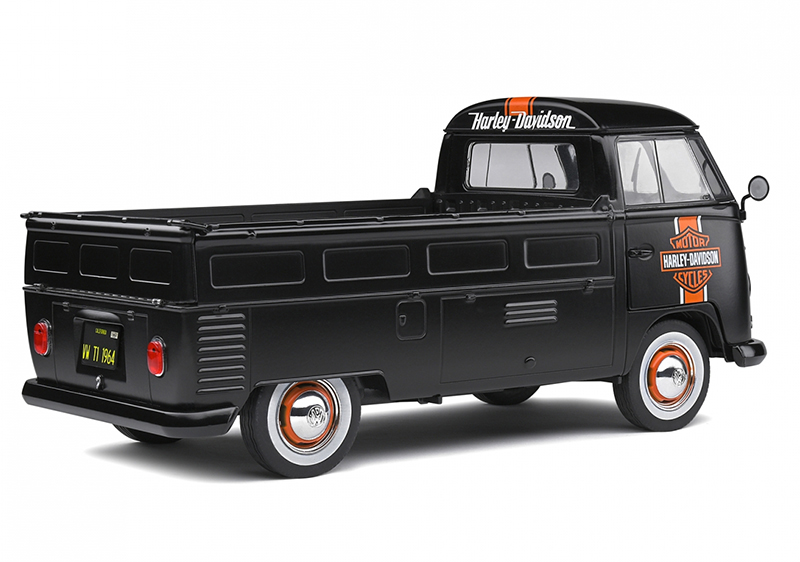 VW T1 Pritschenwagen Transporter Bulli Pick up 1950 mit Surfbrett HARLEY DAVIDSON schwarz 1:18
