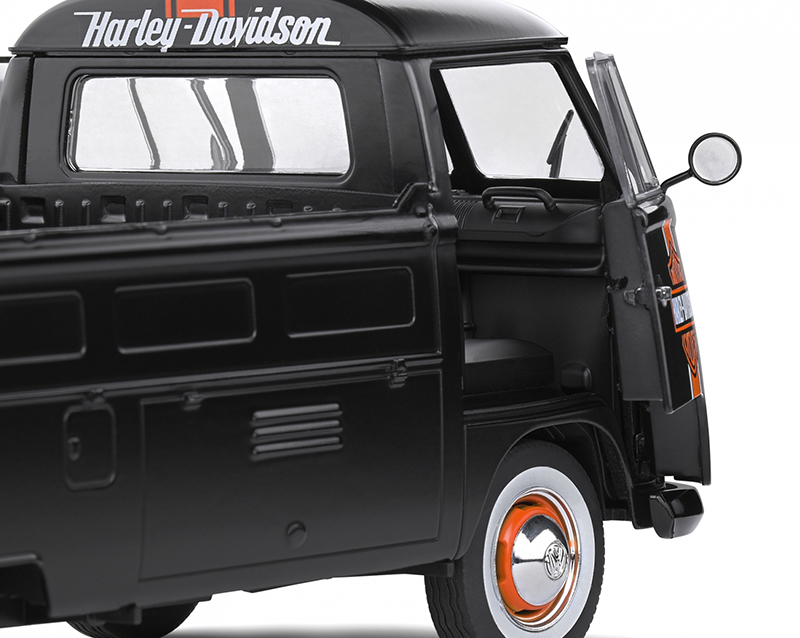 VW T1 Pritschenwagen Transporter Bulli Pick up 1950 mit Surfbrett HARLEY DAVIDSON schwarz 1:18
