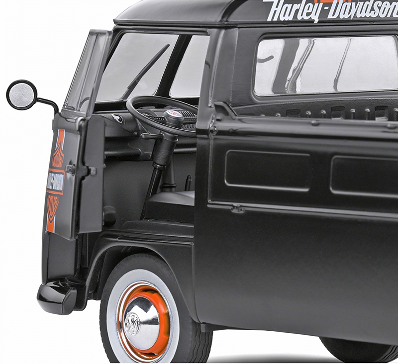 VW T1 Pritschenwagen Transporter Bulli Pick up 1950 mit Surfbrett HARLEY DAVIDSON schwarz 1:18