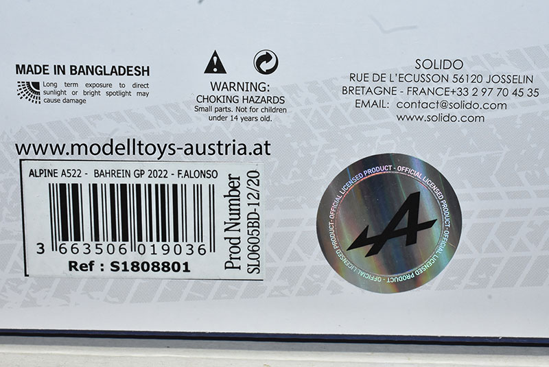 Alpine BWT A522 Renault 2022 Fernando ALONSO Bahrain GP 1:18 Solido