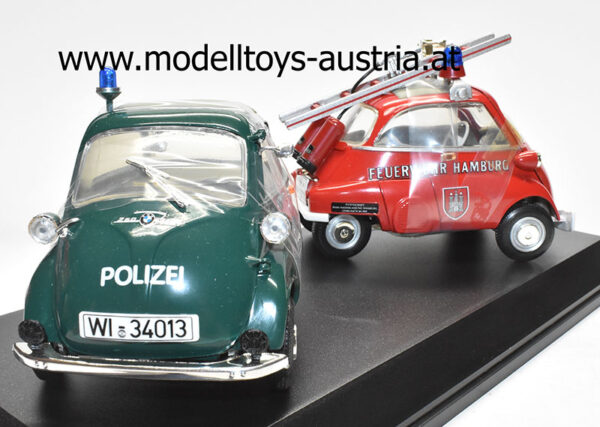 BMW Isetta 250 LÖSCHI Feuerwehr HAMBURG und BMW Isetta 250 Polizei 1:18 Double Set