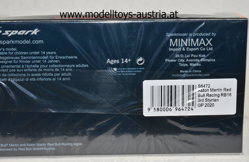 Red Bull Racing RB16 Aston Martin Honda 2020 Max Verstappen Steiermark GP 1:43 Spark