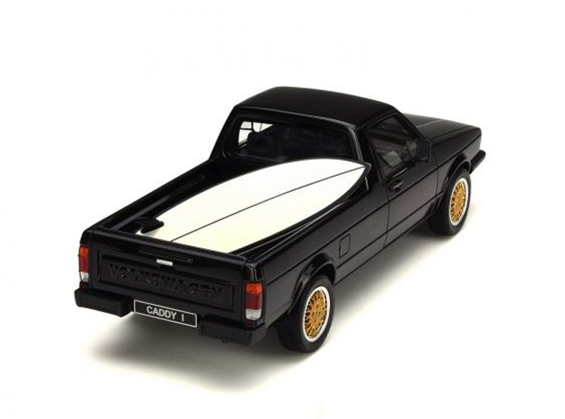 VW Golf I Golf 1 Caddy Pick up schwarz mit blauem Surfbrett 1:18