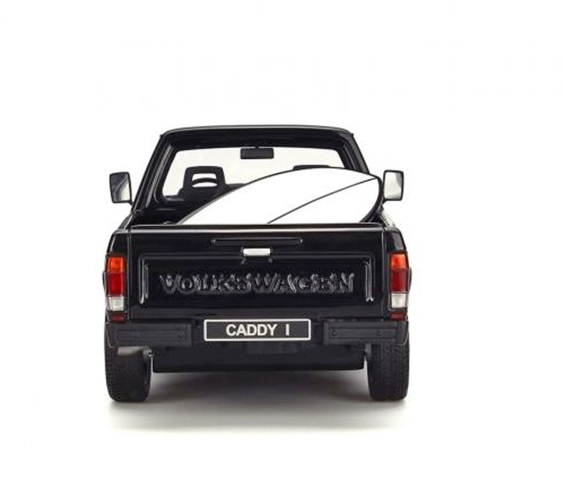 VW Golf I Golf 1 Caddy Pick up schwarz mit blauem Surfbrett 1:18