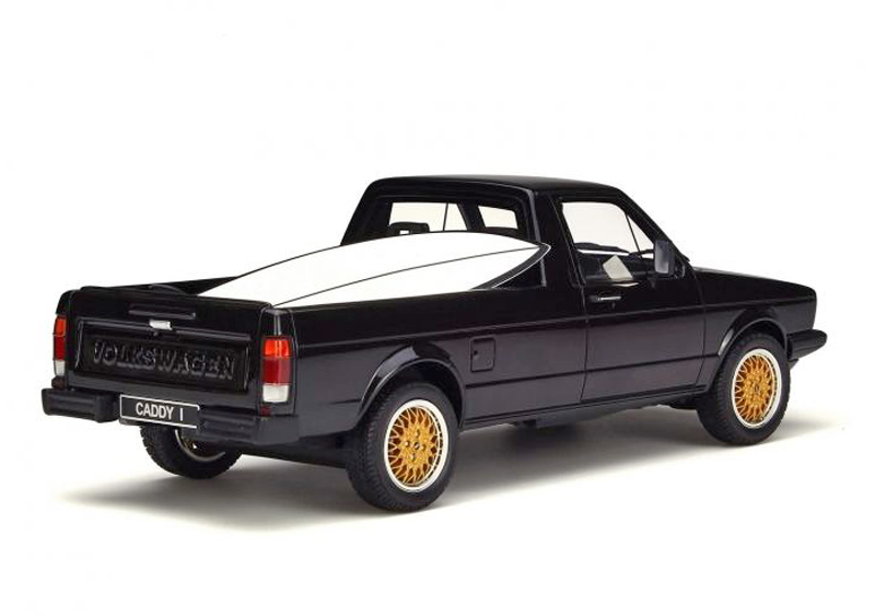 VW Golf I Golf 1 Caddy Pick up schwarz mit blauem Surfbrett 1:18