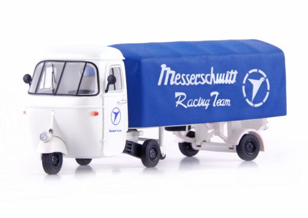 Piaggio Ape Pentaro Renntransporter MESSERSCHMITT blau / weiss 1:43