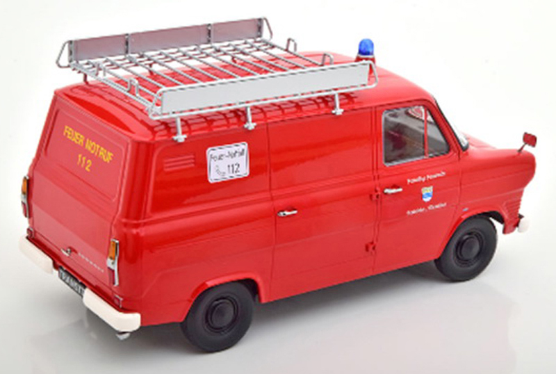 Ford Transit Kasten Delivery Van 1970 mit Dachgepäckträger rot FEUERWEHR 1:18